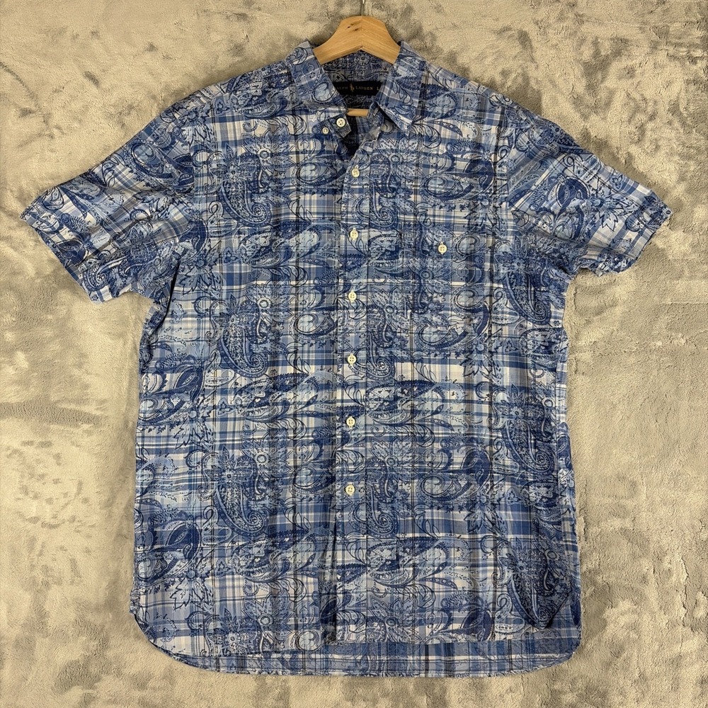 Ralph Lauren Blue Paisley Short Sleeve Button Down Shirt Size Large Cotton